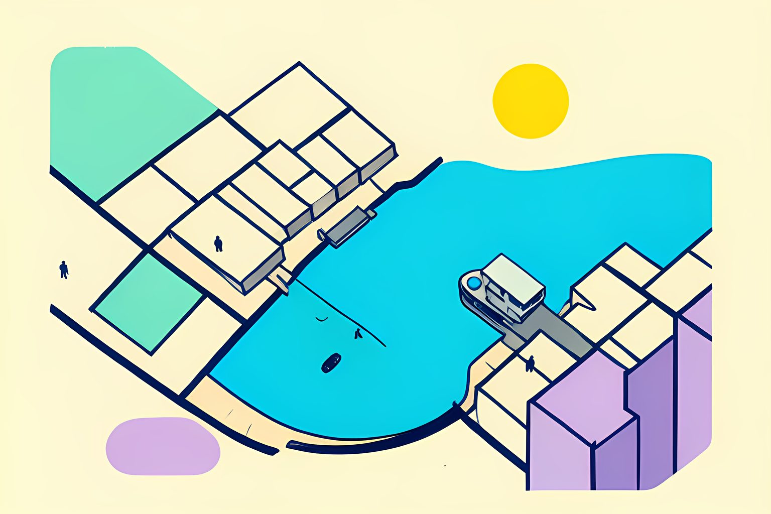 A text-free, stylized map of Boston Harbor and the nearby shoreline, with a teal ribbon of cool air curling inland beneath a warm yellow sun.