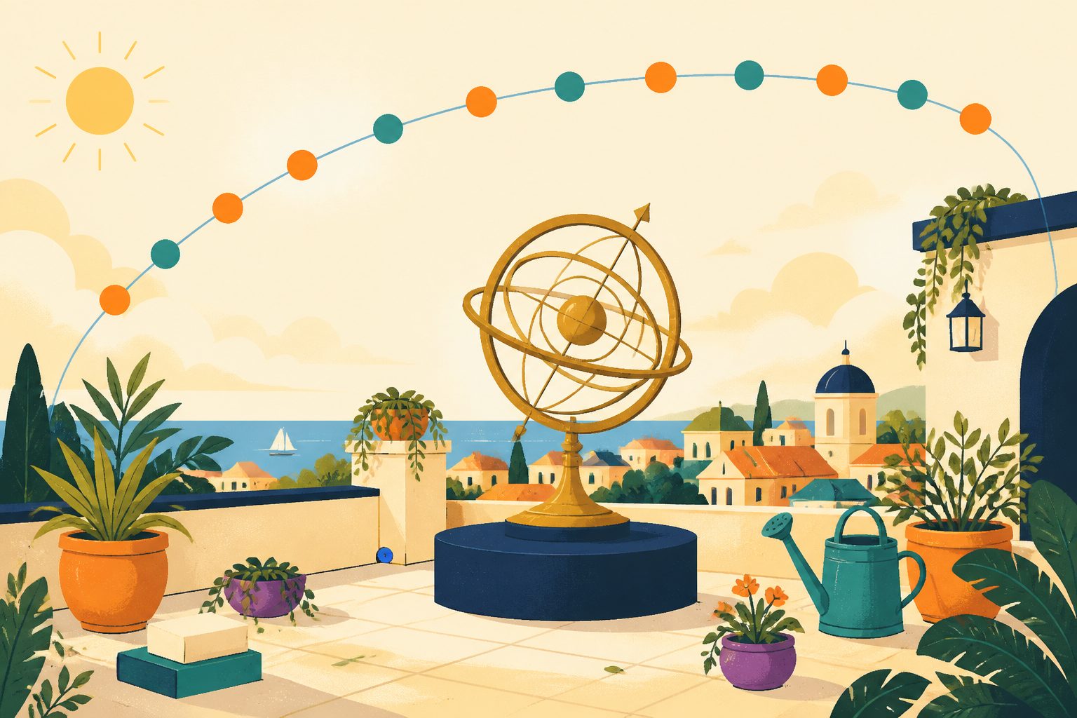 A bright, person-free rooftop scene with a brass armillary sphere beneath a sweeping blue arc in a sunny sky, small unmarked colored discs along the arc, and a tiny blue dot on a warm cream wall.