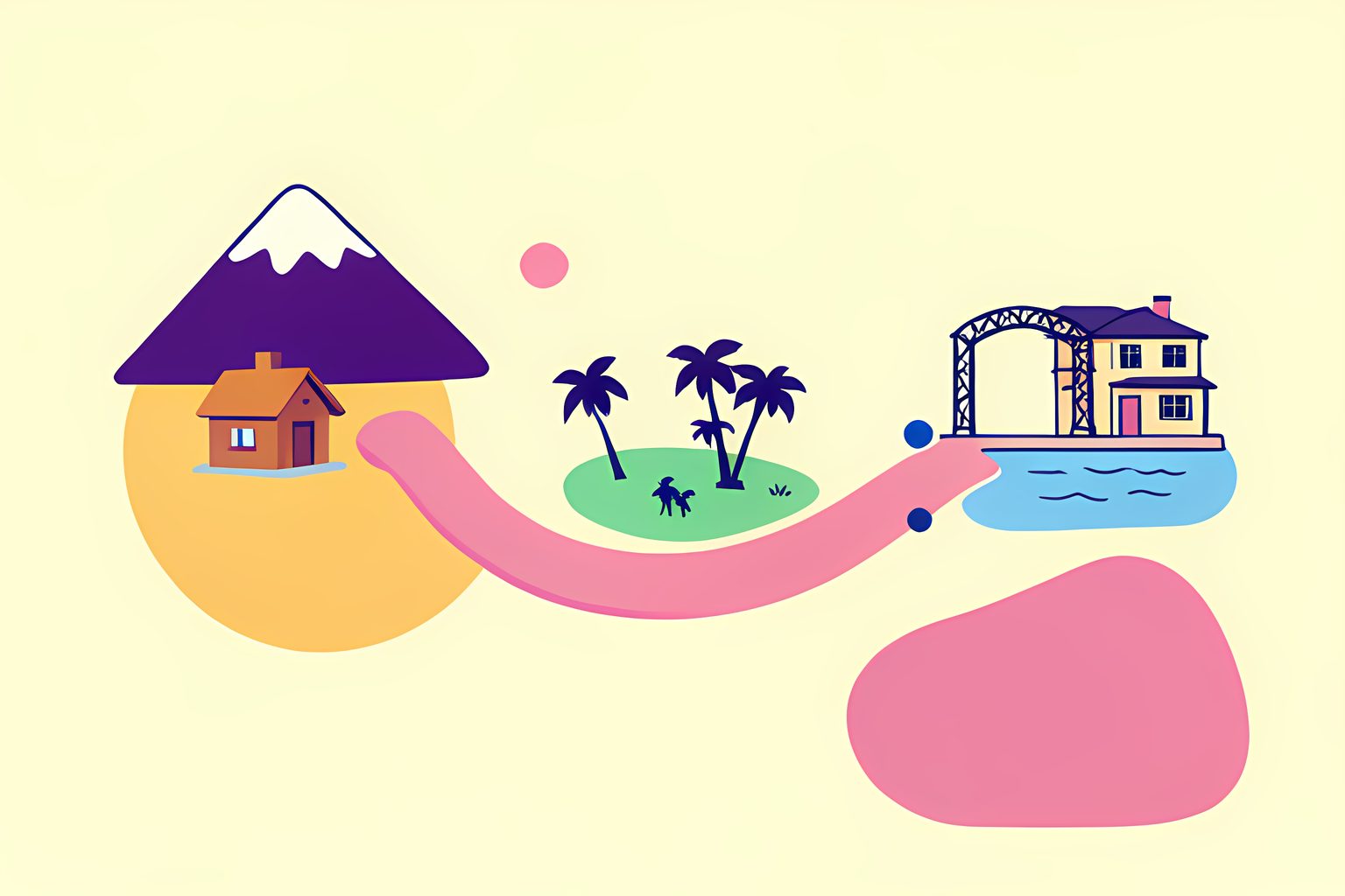 A bright flat illustrated map on warm cream: a warm stylized route winding from a small snow-capped mountain cabin on the left, past a tropical island with palm shapes in the middle, to a lakeside villa with a small wedding arch on the right, plum and pink accents with ink-navy line work.