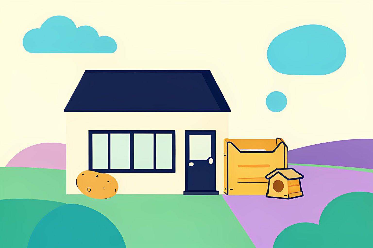 Stylized flat illustration of a bright Cotswold farm shop beside a crate of potatoes and a small beehive, with rolling fields in the distance.