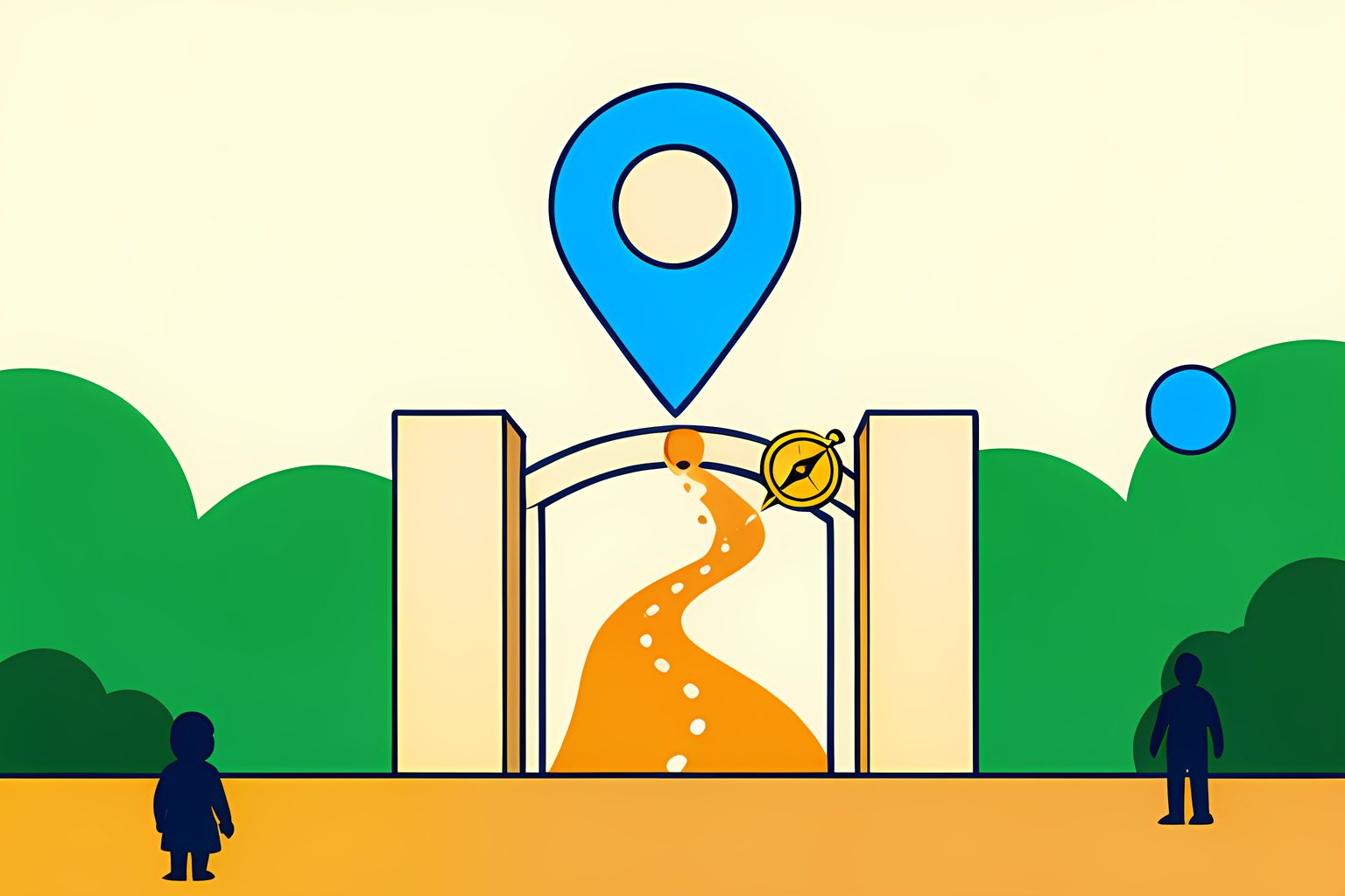A bright person-free visual metaphor of a small blue map pin hovering above a warm cream border gate, with a gold compass and a dotted path stopping at the gate, no labels or numbers.