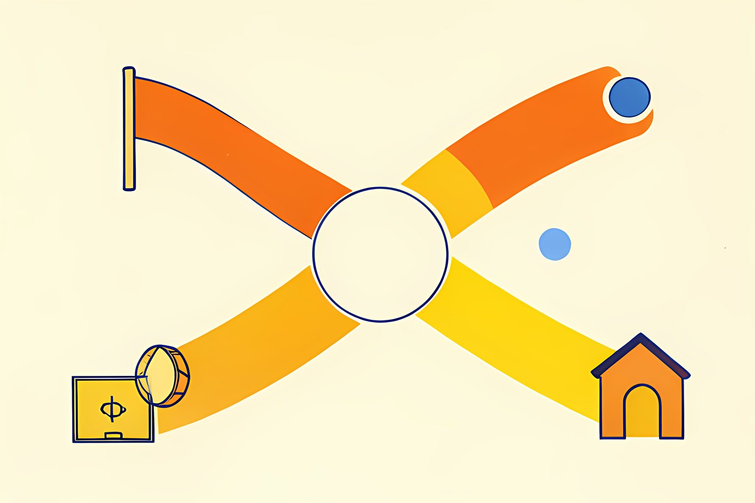 A text-free diagram-like scene of a school flag, a small football field, a marching drum and a looping parade route that join at a glowing home-shaped arch.