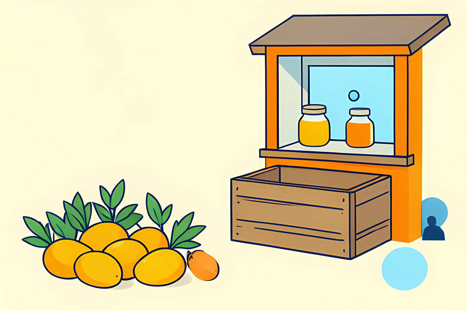 Stylized flat illustration of potatoes moving from a green field through a wooden crate to a small farm-shop window, with a honey jar alongside.