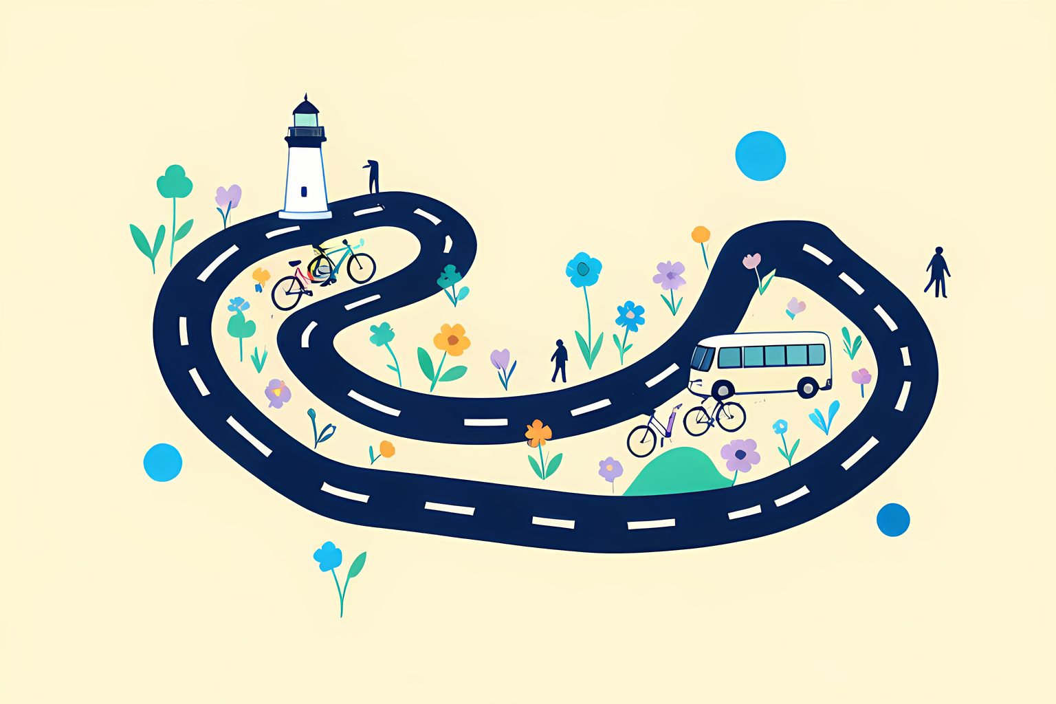 A person-free airy road diagram made from two curving navy strips, with a tiny generic white lighthouse, blank cream shuttle bus, bicycle path, wildflowers and a blue sea dot, with no labels or lettering.