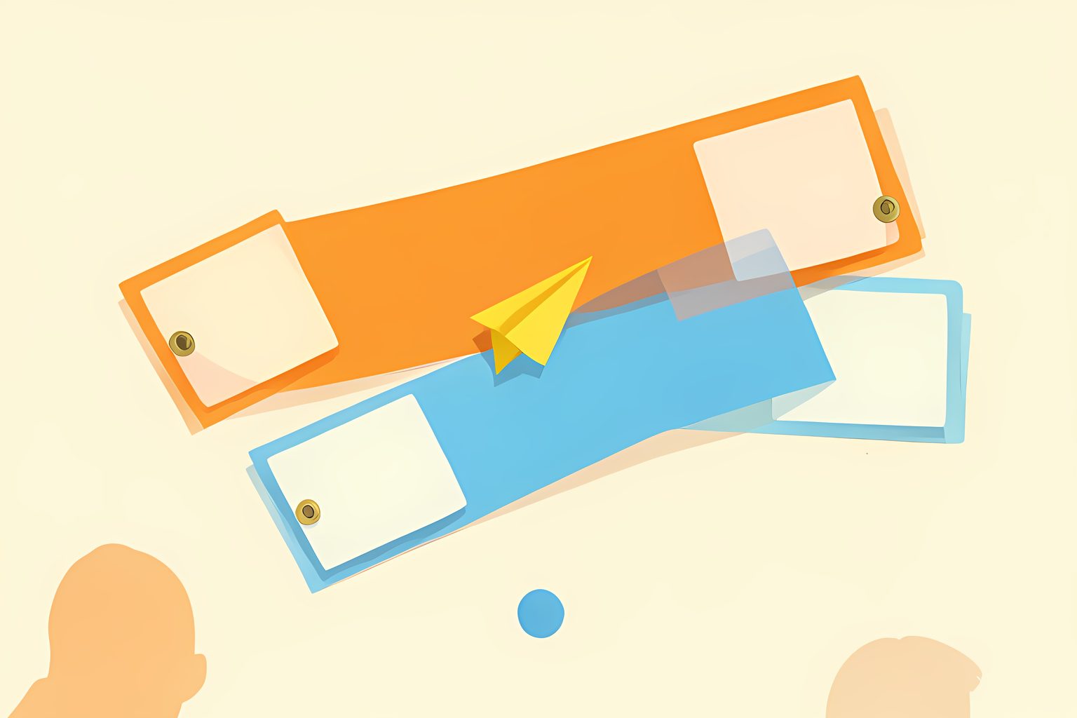 Three overlapping translucent paper ribbons with blank square tabs and brass map pins cross a sunny cream wall while a small yellow paper airplane arcs between them.