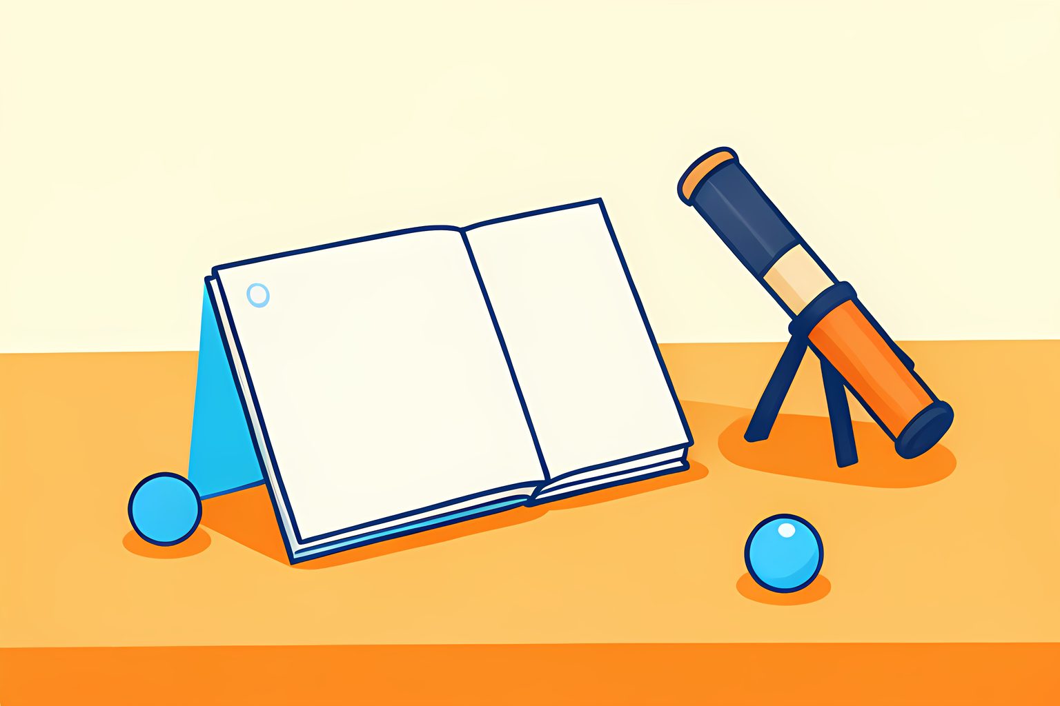 A blank flip calendar lies open over two gently overlapping pages on a low sunny table beside a small toy telescope and a bright blue marble.