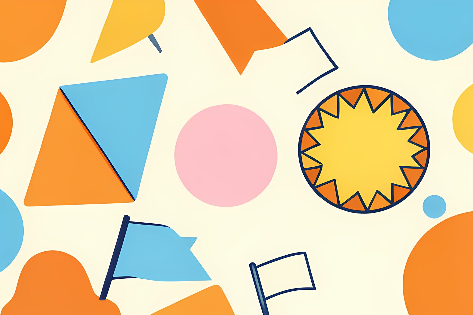 A cheerful pattern of unmarked geometric wooden tiles changes from three crisp angular shapes to one round sunburst tile with blank paper flags and a tiny blue dot.