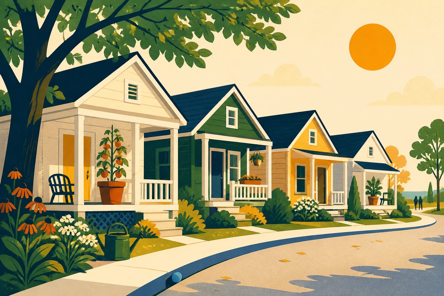 A bright person-free neighborhood of four modest, different-shaped houses in morning light, with one small potted tomato plant on a sunny stoop and a tiny round blue dot tucked beside a path, all without text or signs.