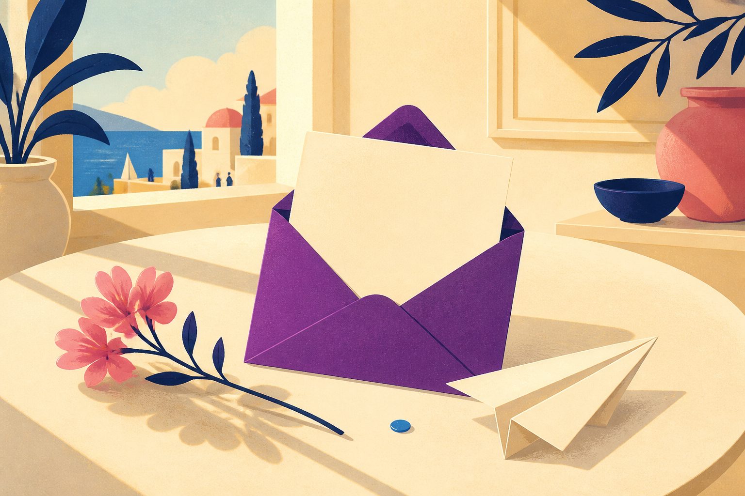 A text-free paper airplane carrying a blank family-photo-shaped card over a warm cream table with a small blue dot.