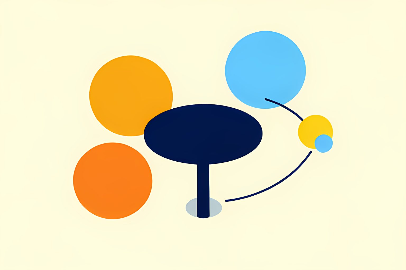 An abstract, text-free diagram of five colorful circles around a round table, with one circle moving along a curved path into an open place.