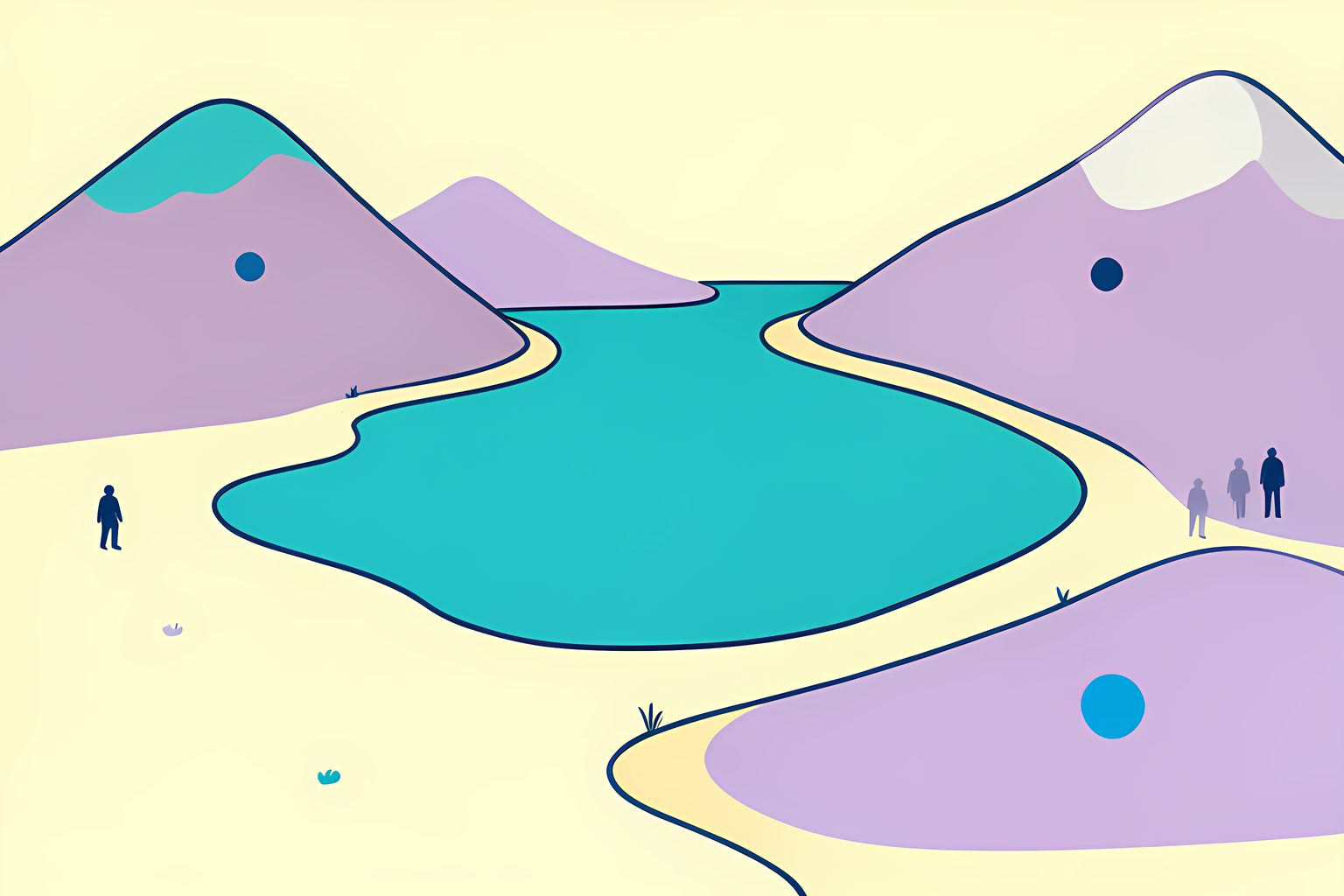 A long stylized lake winding between two soft mountain ranges, with a shallow weedy southern end and a deep clear northern half, and a small round blue dot.