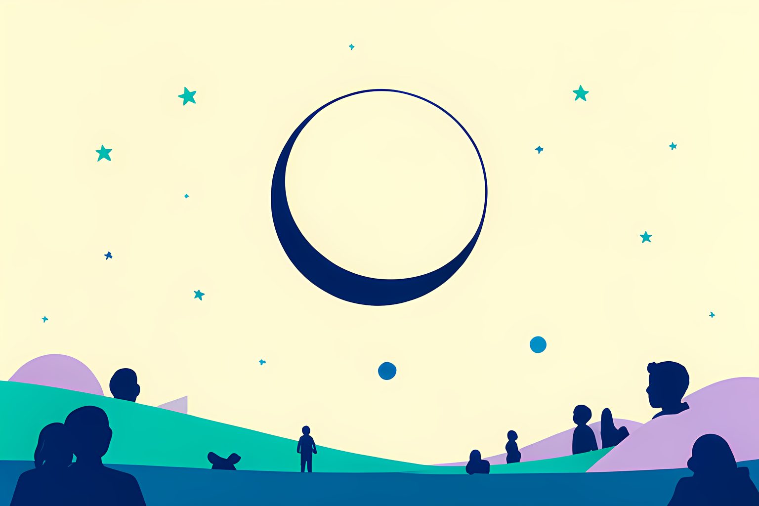 A stylized full Moon in a wide cream morning sky as a large curved navy shadow sweeps across its lower edge, with tiny teal stars and a small blue dot.