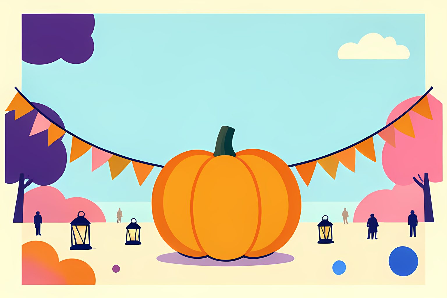 A sunny orange pumpkin centerpiece in a generic plaza, surrounded by blank fall banners and small glowing lanterns.