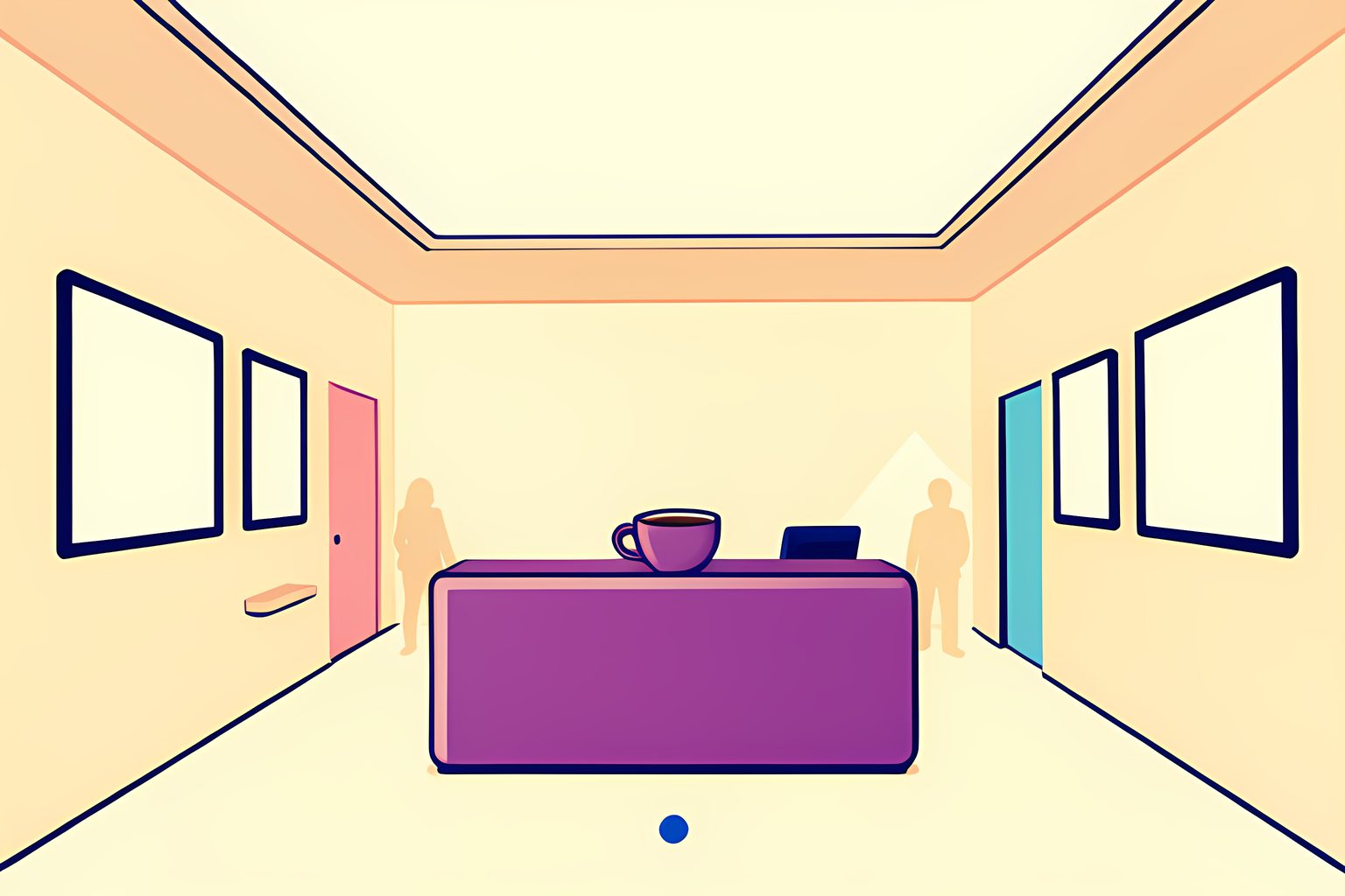 A bright, person-free fictional hospital lobby with a single plum coffee cup on the reception counter, a row of blank framed pictures along a sunlit wall, and a tiny round blue dot on the cream floor.