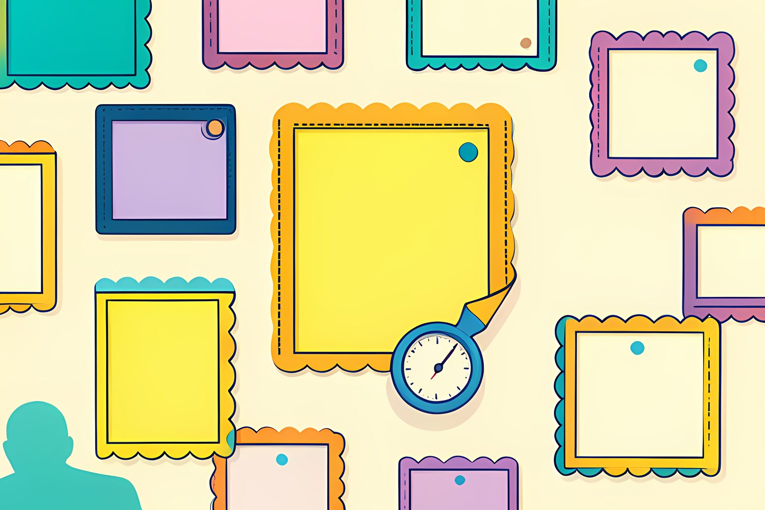A pattern of blank sunshine-yellow bulletin-board frames with colorful paper scallops on a warm cream background. One lower corner is gently lifted to reveal an unmarked blue moisture meter and a small round blue dot. There are no people, words or logos.