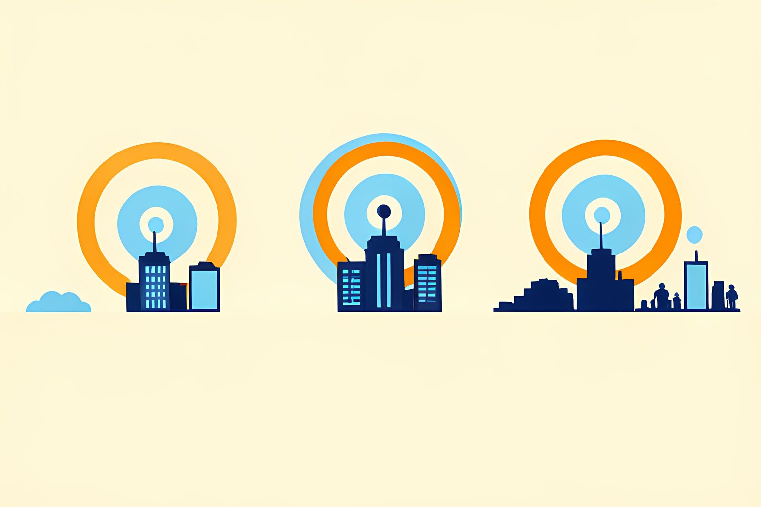 Three person-free city skylines each sending matching circular signal waves across a warm cream map, with a small blue dot.