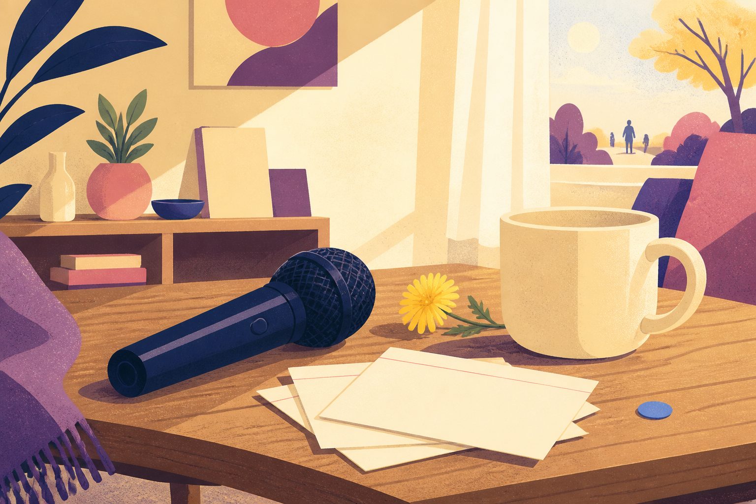 A bright flat still life of a plain microphone beside blank index cards, a small yellow dandelion, and an unmarked mug on a low wooden table in warm side light, with a round blue dot and no people or text.
