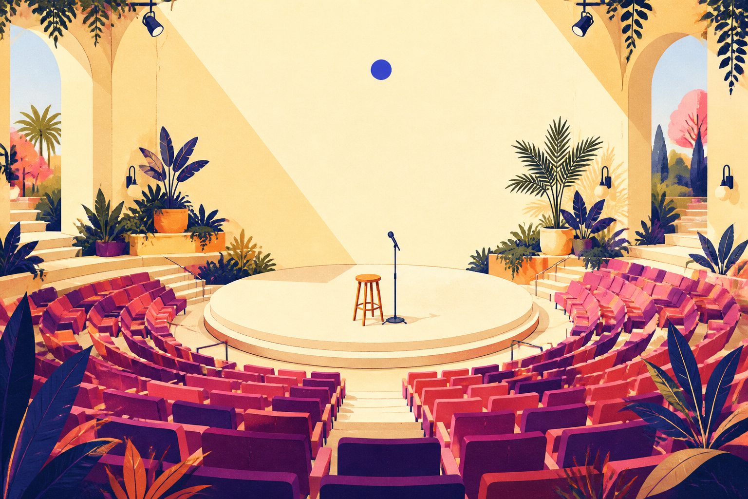 A bright flat illustration of a vast empty circular auditorium with warm curved rows of seats around a single plain microphone and small wooden stool, a round blue dot high on the cream wall, and no people or text.