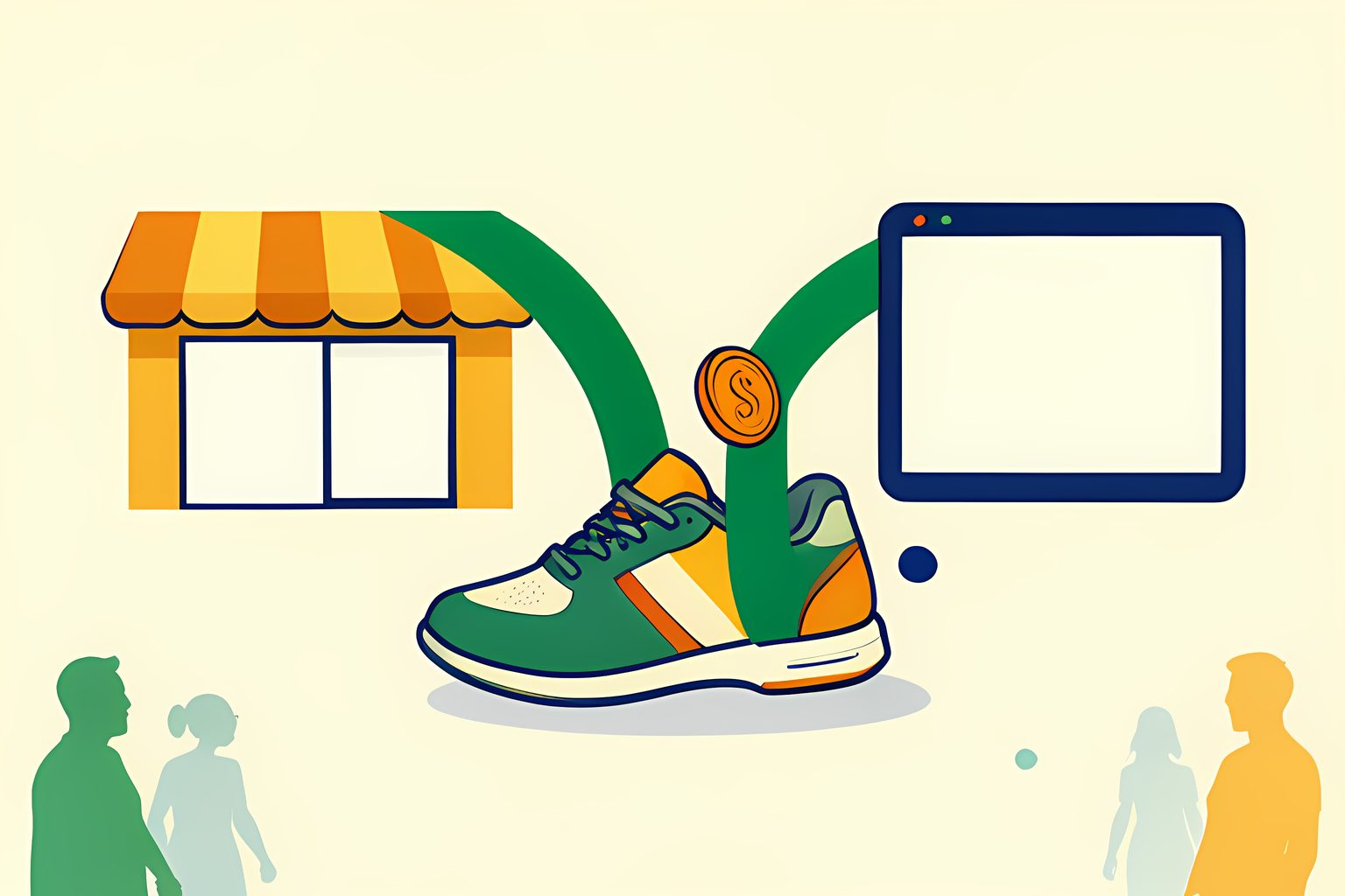 A bright, person-free visual metaphor of one plain unbranded running shoe splitting into two flowing forest-green paths, one toward a blank storefront and one toward an unmarked digital window, with a small blue dot near the fork.