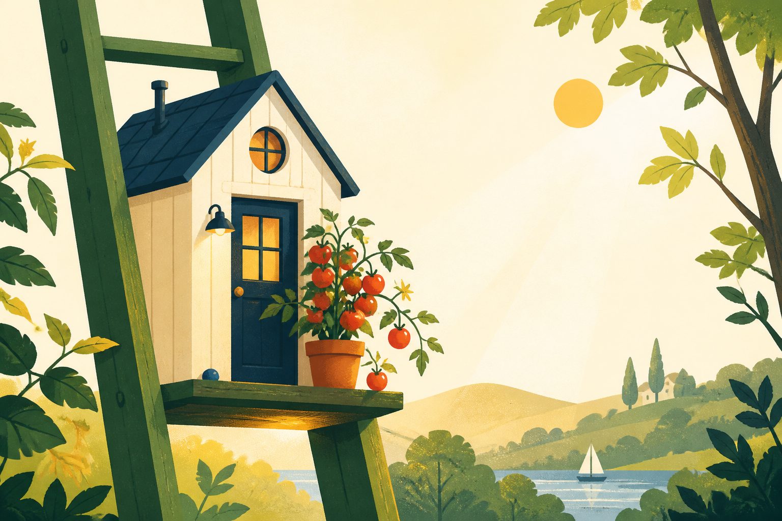 A small person-free cottage resting on the first rung of a simple forest-green ladder, with a sunny potted tomato plant at the door and a tiny round blue dot near the garden path, all without text, numbers, or signs.