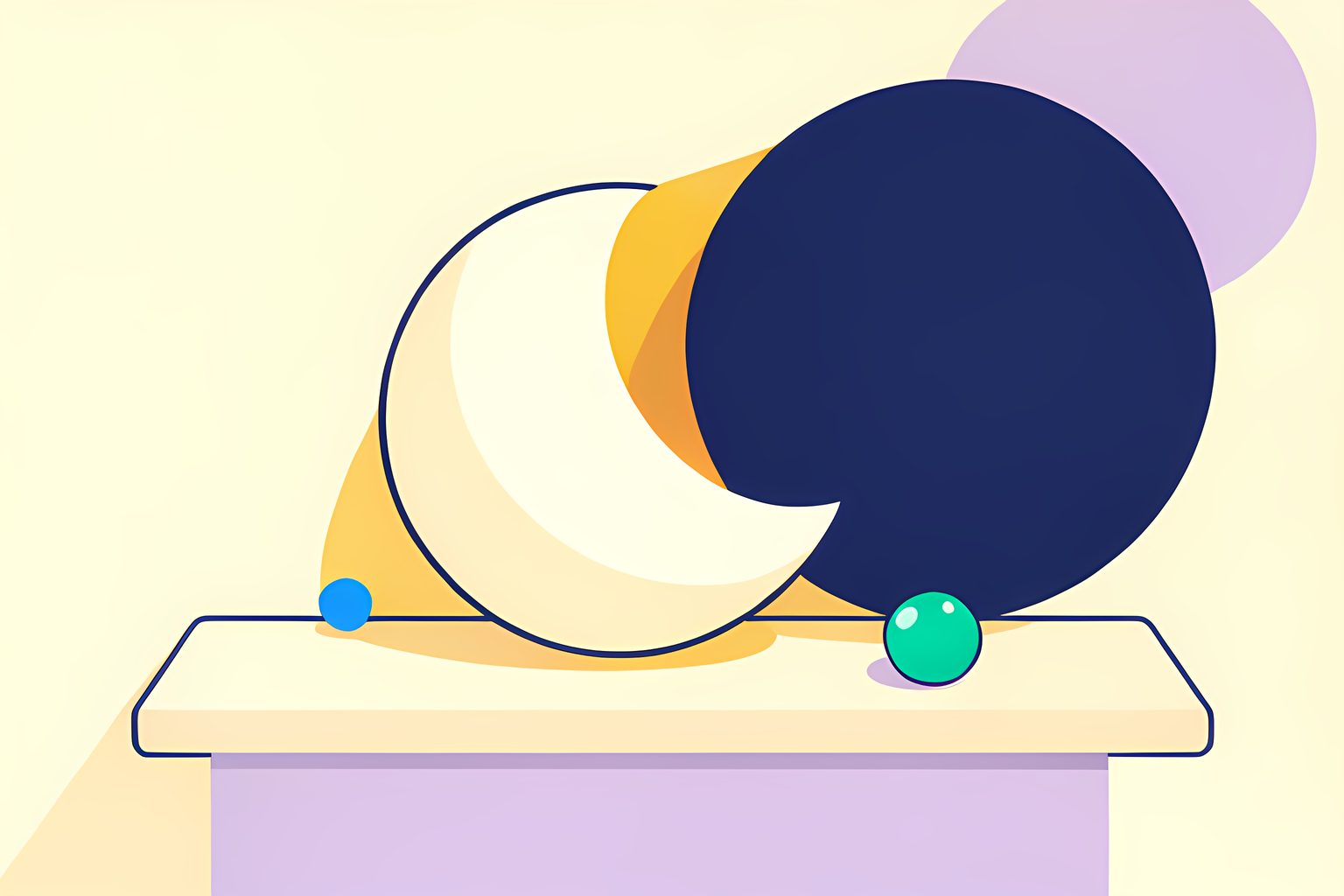 A stylized cream Moon sphere on a low sunlit table, with one side in a curved translucent amber shadow cast by a larger navy globe, a teal glass bead, and a tiny blue dot.