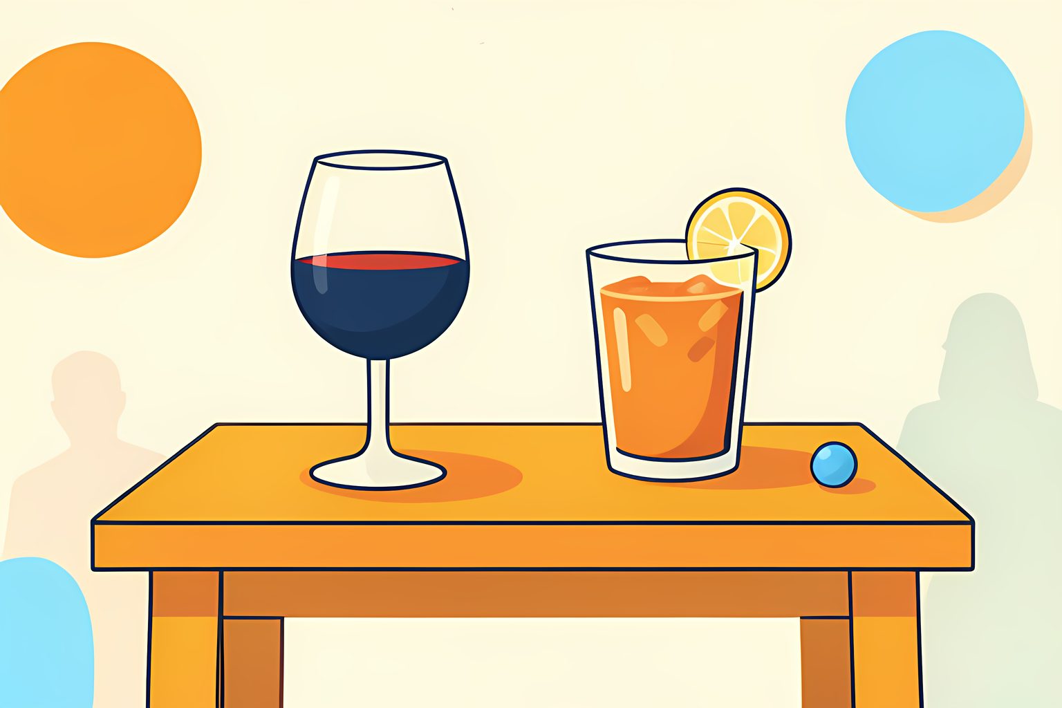 A warm low table in soft morning side light holding one wine glass turned upside down beside a half-full glass of iced tea with a lemon wedge, one small round blue dot at the table's edge.