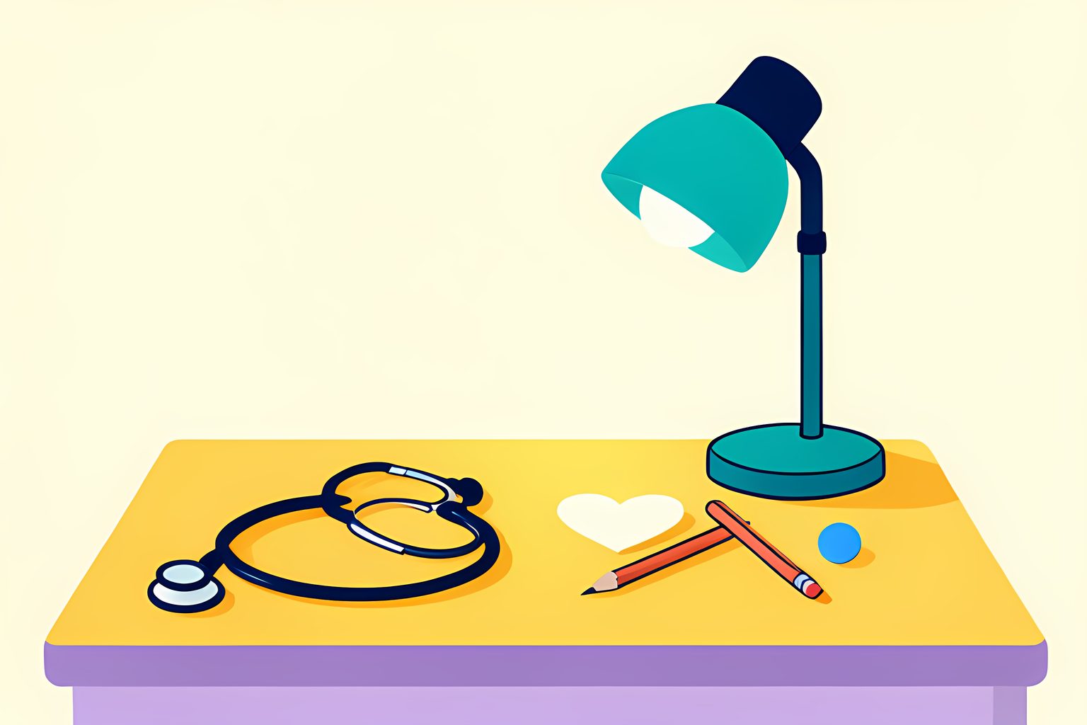 A pediatrician's desk in warm side light: a stethoscope coiled beside a small blank paper heart and a pencil, a round blue dot near the lamp.