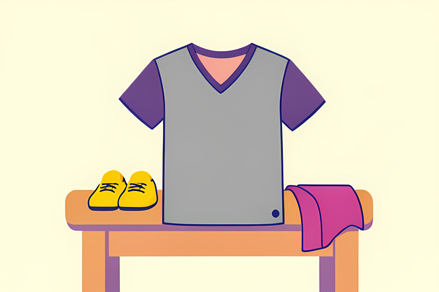 A gray V-neck shirt, yellow shoes and a small plum scarf arranged on a low wooden table in warm side light.