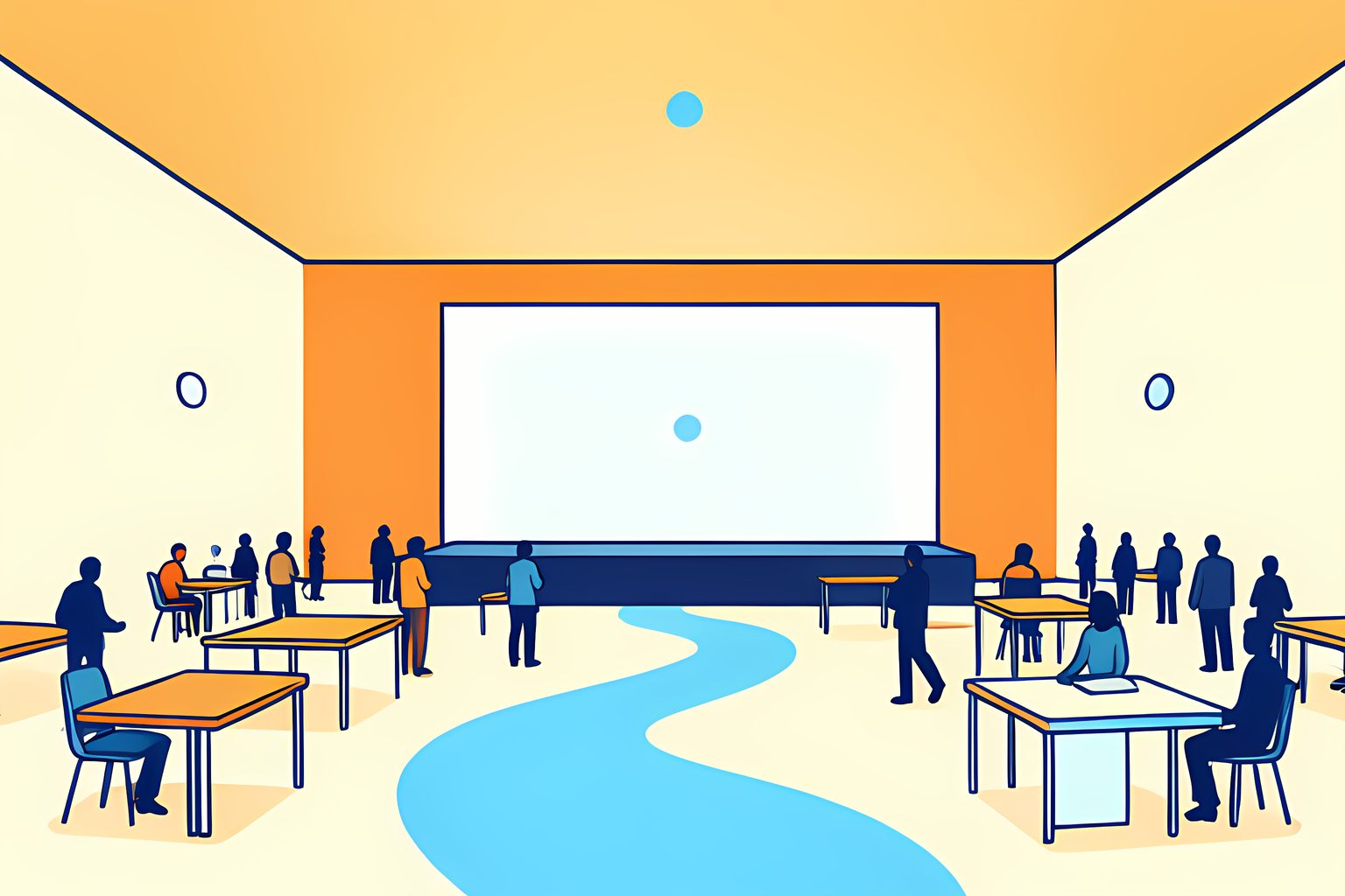 A bright, person-free convention hall with a glowing blank championship stage at one end and cheerful activity tables beneath a wide cream ceiling, linked by a winding sky-blue path.