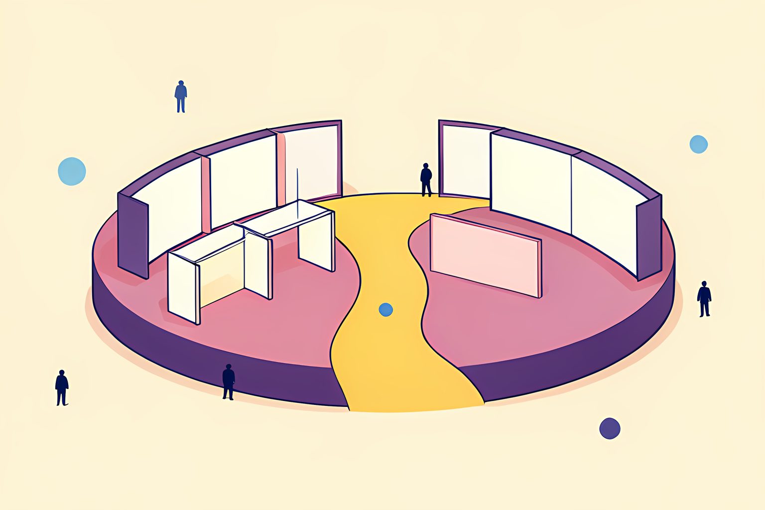 A sunny, text-free paper landscape that begins as a small grid of exhibition booths and folds into one large semicircular arena stage with glowing blank screens and a winding golden path between them.