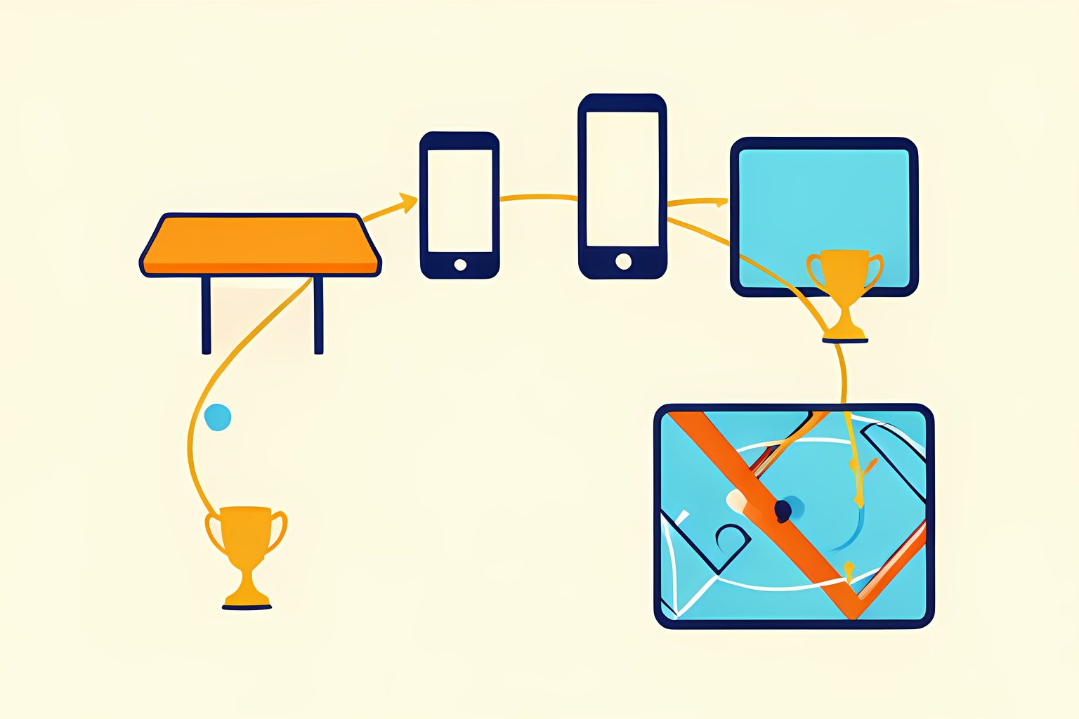 A graceful, text-free diagram of four distinct game stations - a blank card table, a handheld screen, a phone-shaped screen, and a team arena board - each connected by a golden path to a small blank trophy.