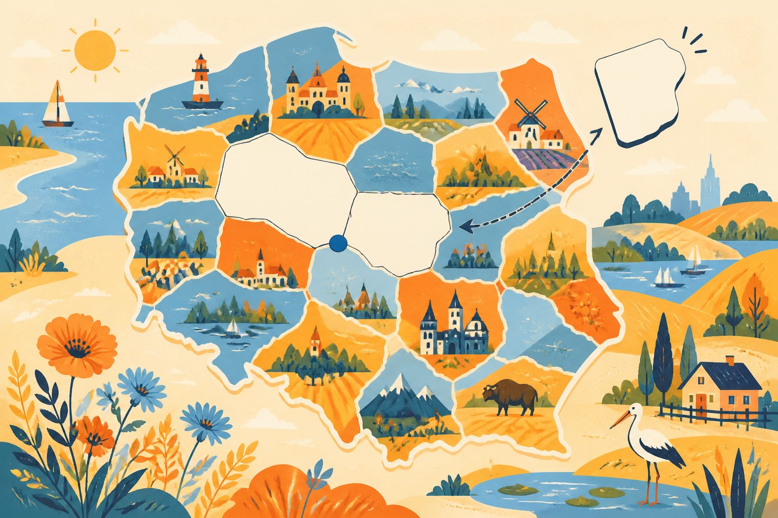 A warm, label-free map-shaped patchwork of Poland with blank white license plates threading between regional blocks and one new blank tile settling into an open space, with a tiny blue dot.