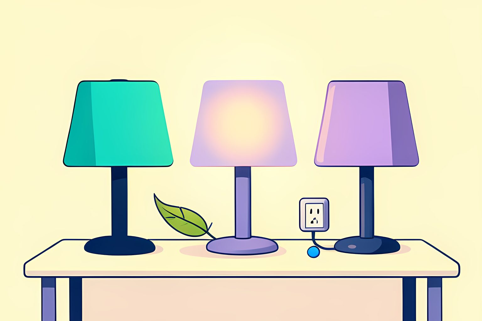 Stylized still life of three plain table lamps with the center lamp glowing again beside a miniature pole-mounted electrical switch and a windblown leaf, with no text or people.