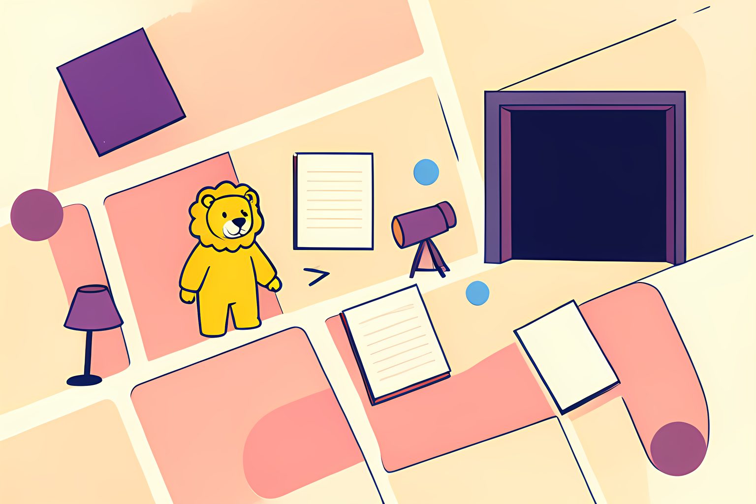 A bright flat illustrated map of a person-free Greenwich Village block leading to a sunlit rehearsal room and small theatre doorway, with a child-sized lion costume, blank scripts, and a tiny blue dot.