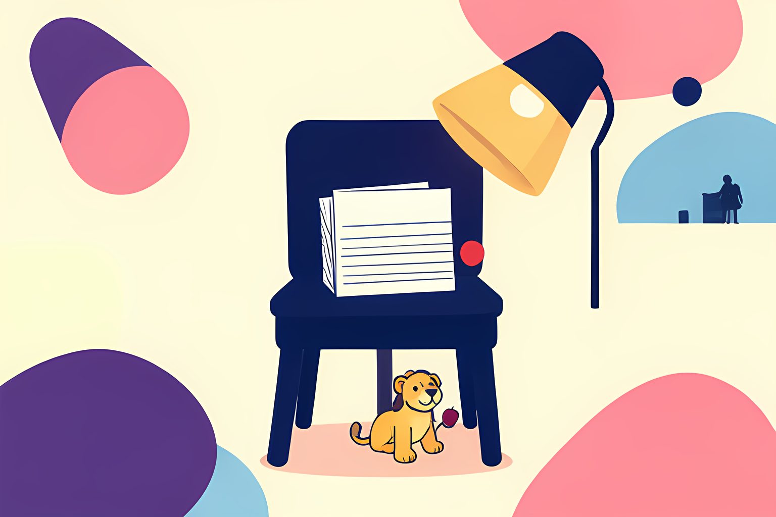 A bright flat visual metaphor of a straight-backed chair holding a blank script under a sunny stage lamp, with one small toy lion tucked underneath, a springy red ball nearby, and a tiny blue dot.