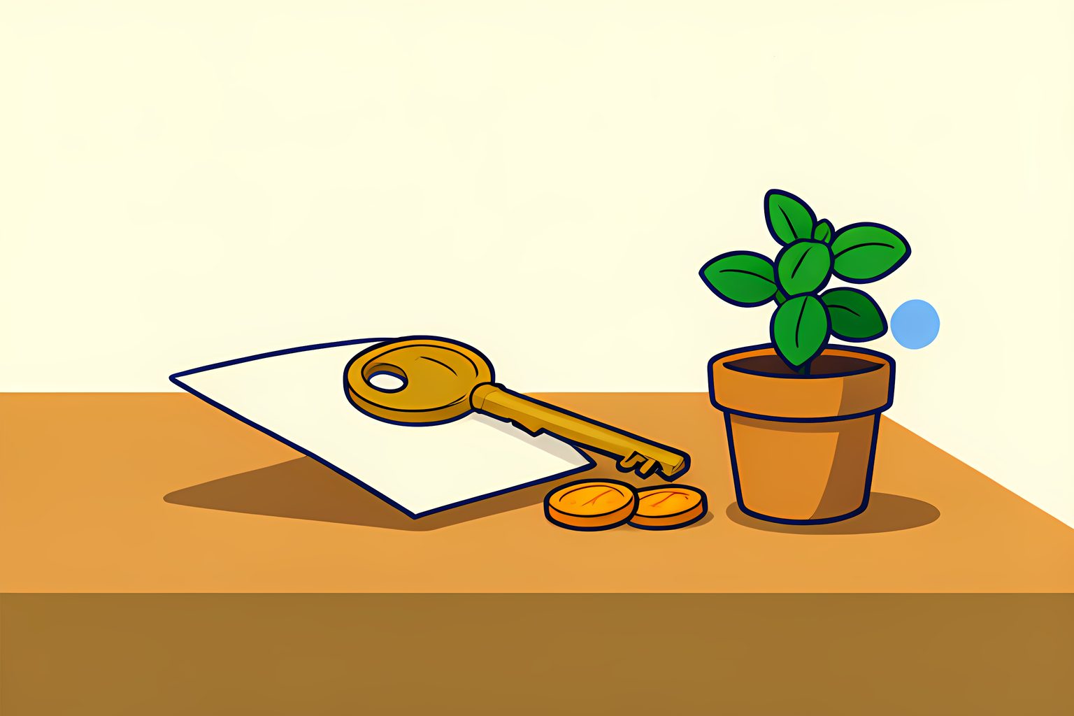 A brass house key resting on a folded blank cream closing-paper shape beside three small amber coins and a tiny potted mint plant, with a subtle round blue dot nearby and no text, numbers, logos, or people.