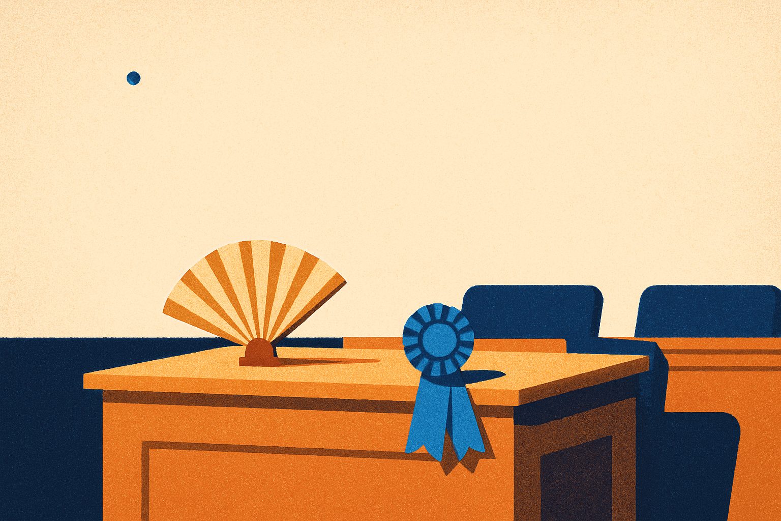 An empty sunlit Capitol desk holds a folded paper fan and a small county-fair ribbon.