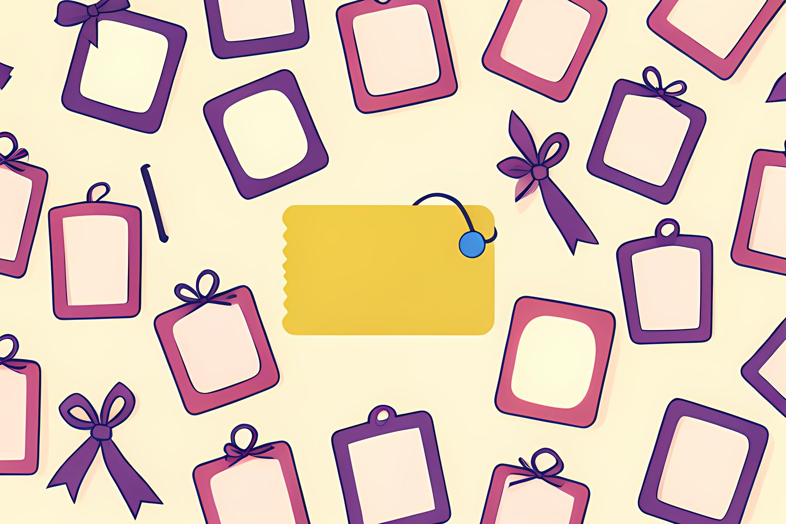 A bright, person-free repeating pattern of blank keepsake photo frames and plum party ribbons, interrupted by one sunny gold ticket-shaped card, with a tiny round blue dot on a warm cream background.