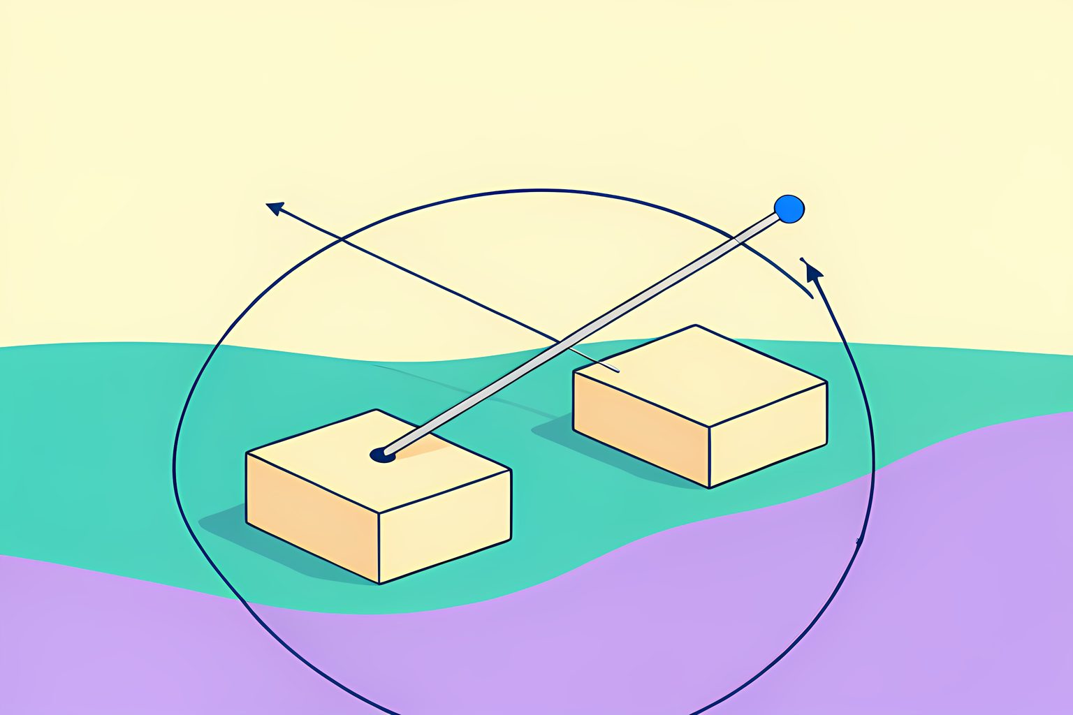 A bright abstract diagram with two small stone piers joined by a diagonal silver wire over a cream ground, gentle teal motion lines, and a tiny round blue dot, with no labels or text.