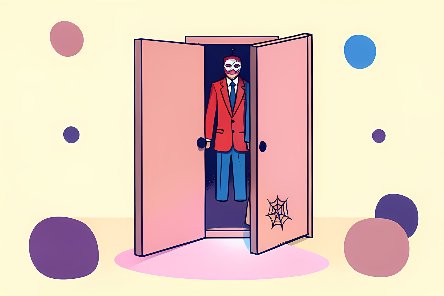 A closet door swung open with a red-and-blue suit and mask hanging inside, soft pink, blue, and white light spilling onto the floor, a small spider web in one corner, no people or text.