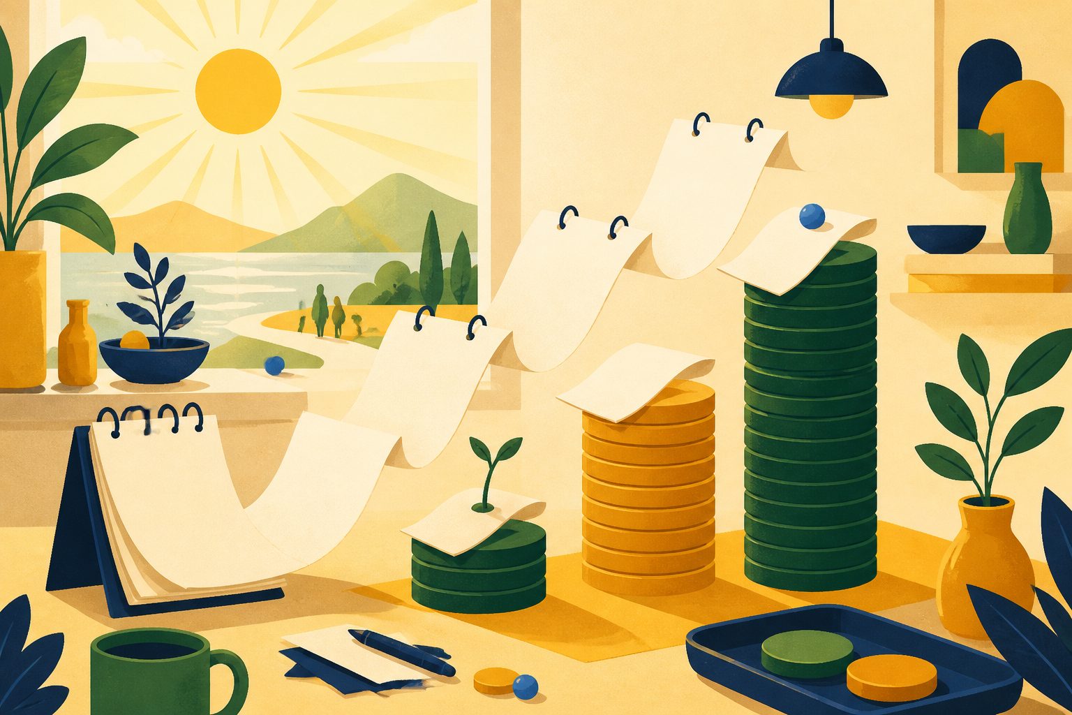 A bright flat diagram of blank calendar pages flowing into three growing stacks of unmarked coins, with a tiny green sprout and a round blue dot on a warm cream background, no people or text.