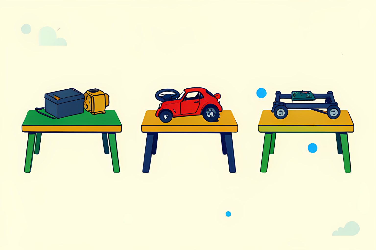 Five workbenches hold different electric-car parts while a small red roadster rolls out of the pattern.