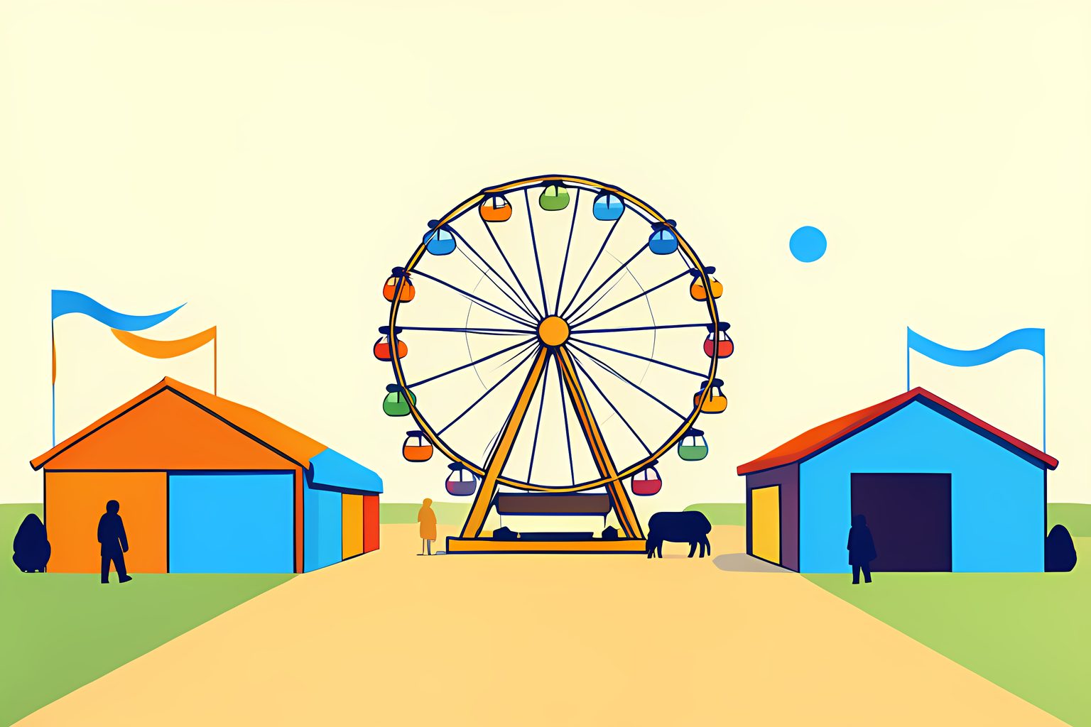 A warm, sunlit fairgrounds avenue with blank colorful booths, a Ferris wheel, ribbons and a small blue dot, with no people visible.