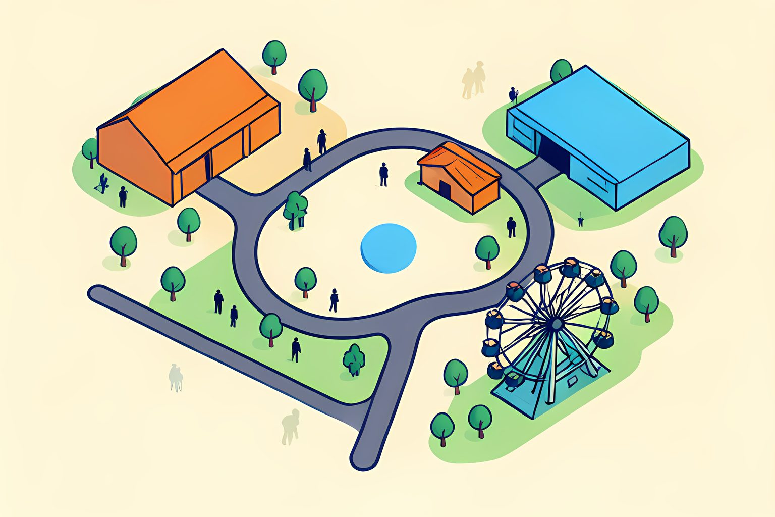 A stylized overhead map with two abstract city clusters on either side of a small fairground, a barn and winding paths, with no labels or people.