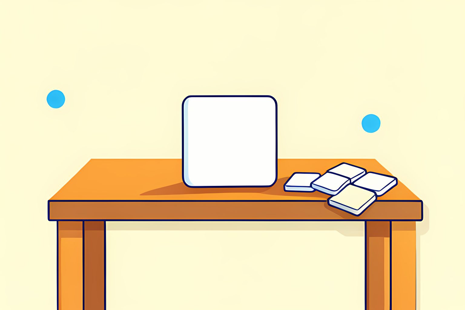 A single blank letter tile resting alone on a low wooden table in warm morning side light, with a small cluster of blank tiles pushed to the far edge of the table.