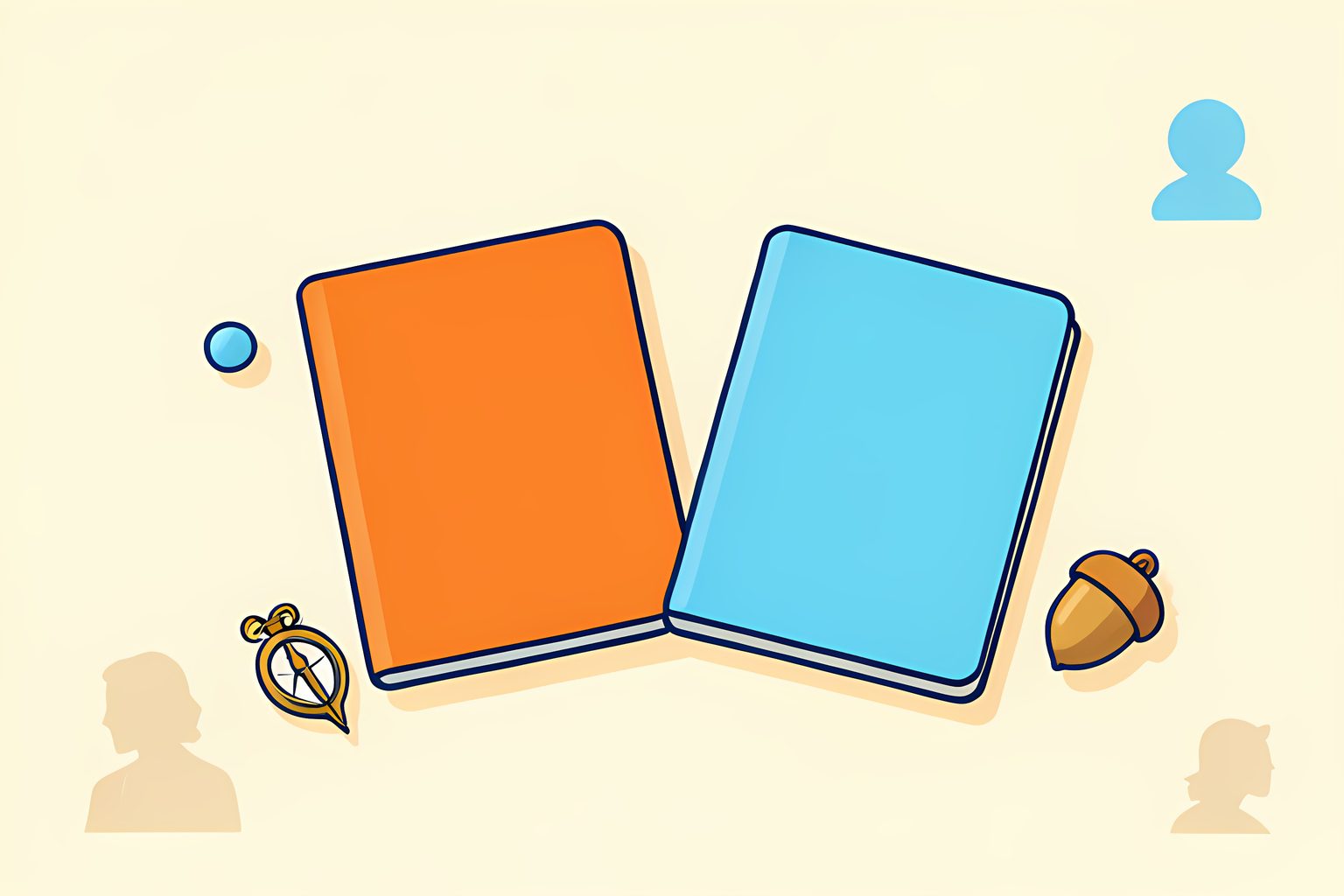 A warm, person-free still life of two blank, differently shaped pocket almanacs resting side by side on a low cream table, with a brass compass, a small acorn, side light, and one tiny round blue dot.
