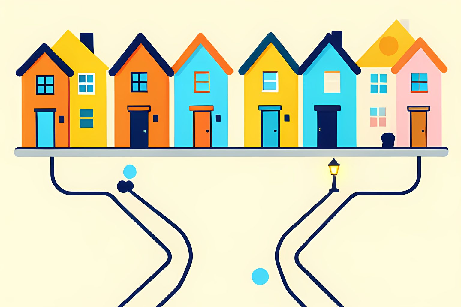 Stylized row of sunny neighboring homes above two separate branching cable paths, with one porch lamp glowing and no people or text.