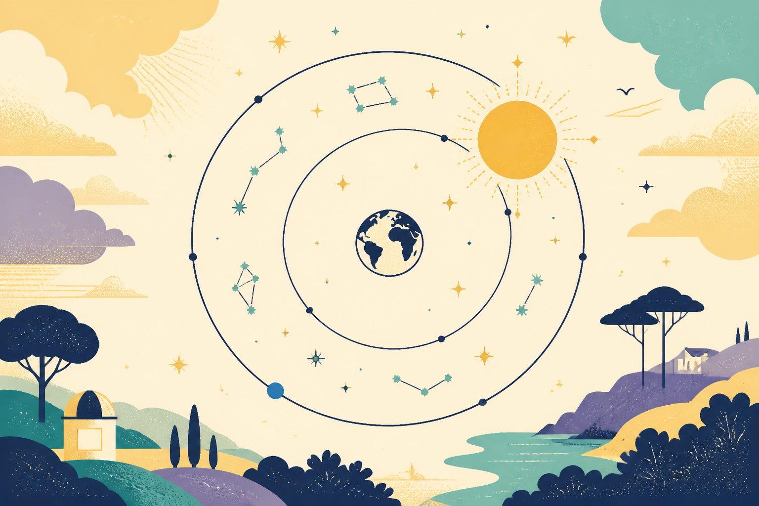 A warm, label-free illustrated sky map with two slightly offset circular paths around a small cream Earth, tiny constellation dots, a bright Sun, and one round blue dot against a pale teal background.