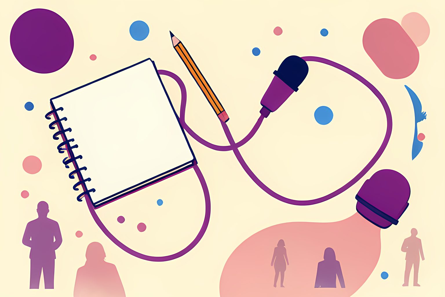 A blank reporter's notebook and a studio microphone connected by one looping cable on a warm press-box desk.