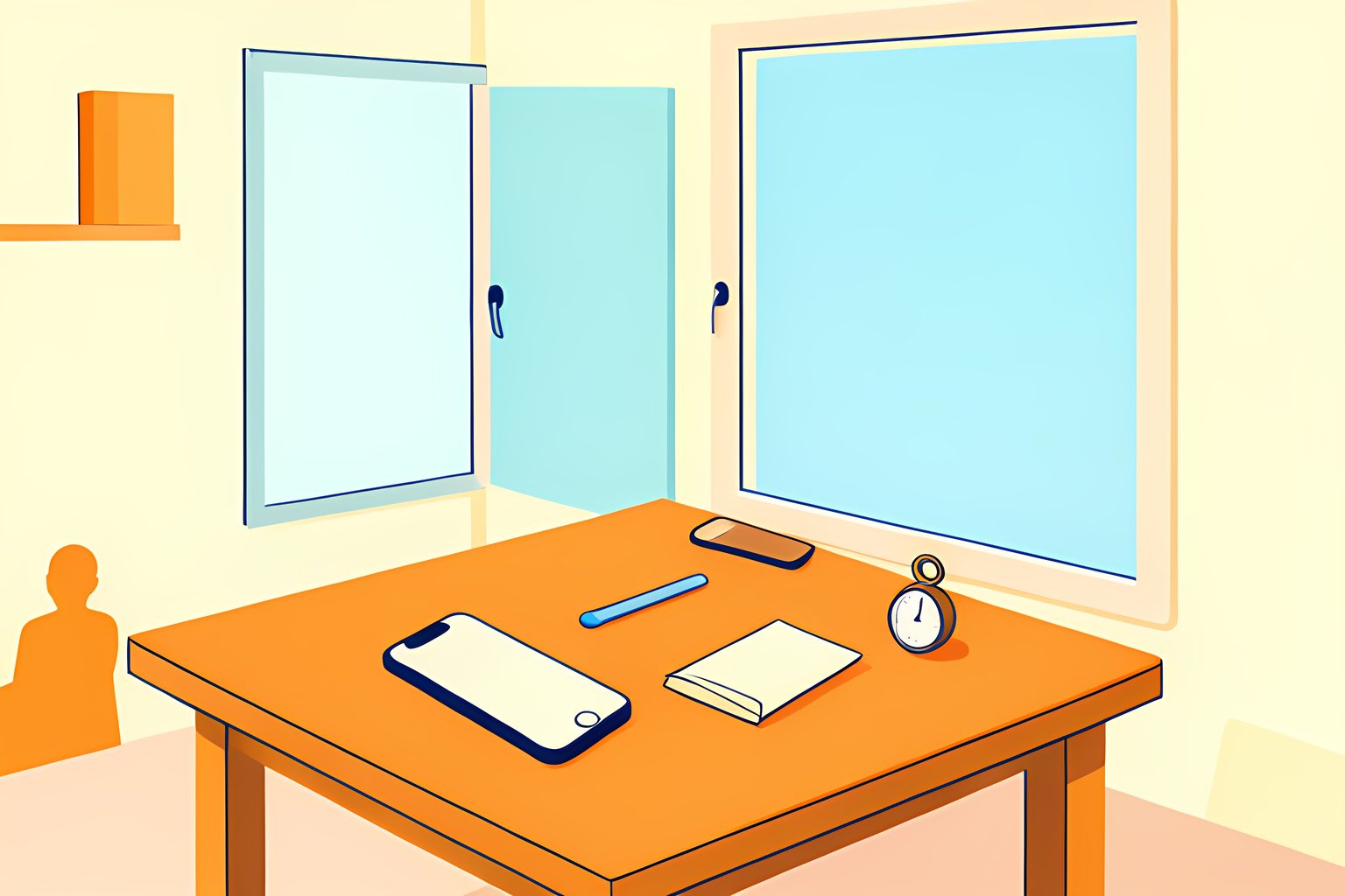 A sunlit, text-free kitchen table with three face-down blank phones, a folded cream note and a small egg timer beside a window.